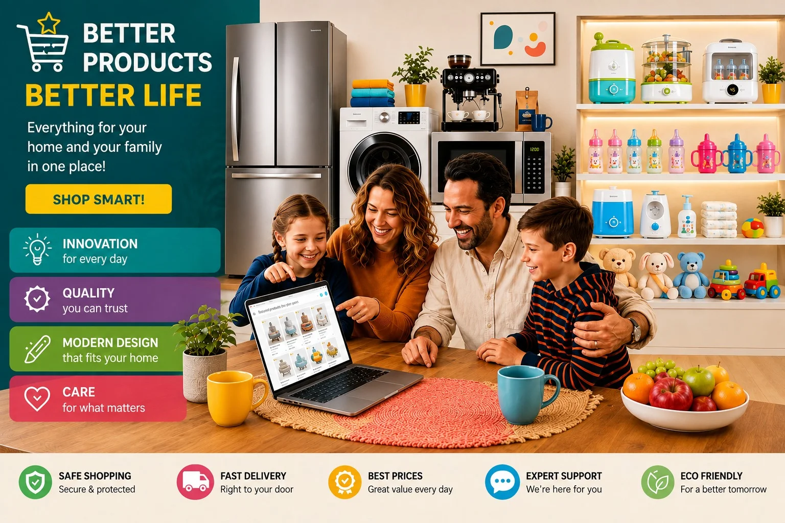 Happy family shopping for home appliances online